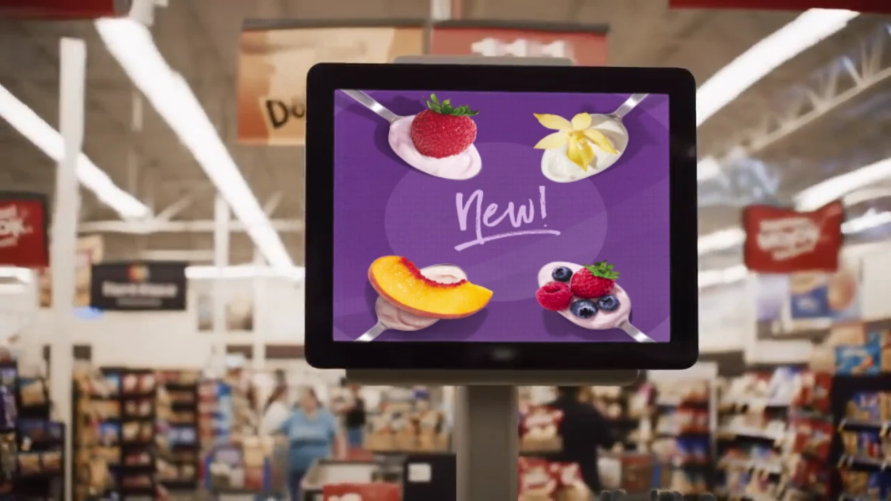 Dannon / Light + Fit creative in a retail screen placement visualization.