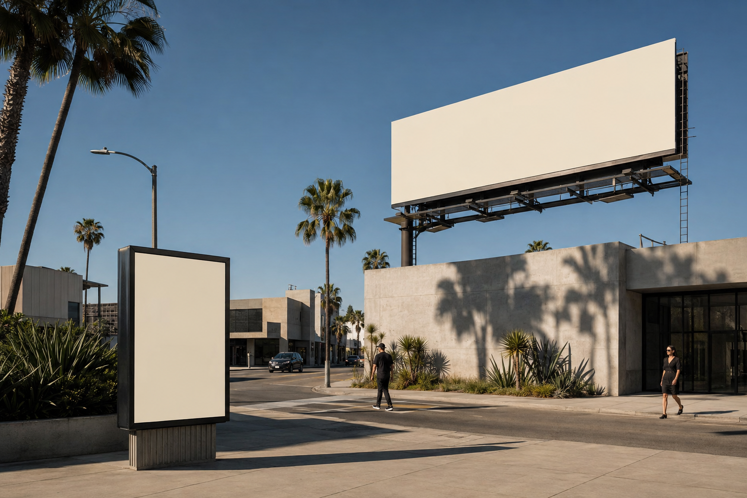 Illustrative Los Angeles street scene showing a large billboard and a portrait street display.