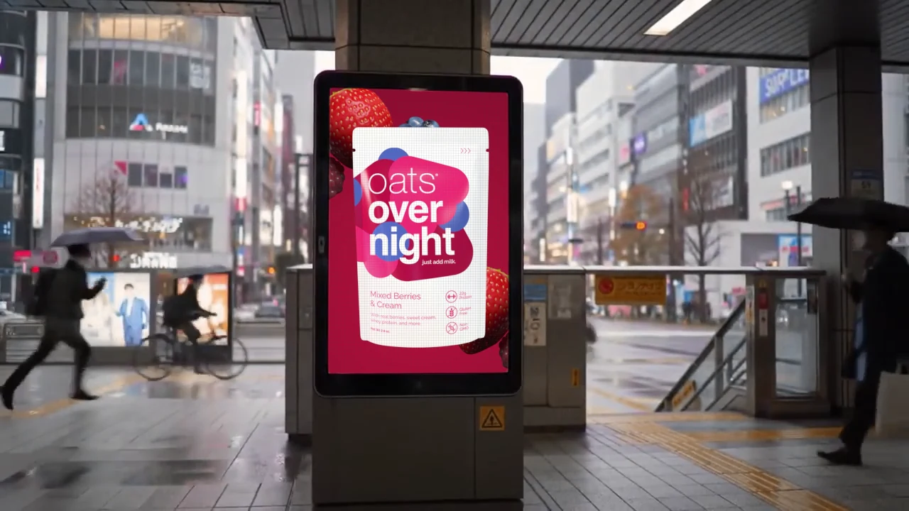 Oats Overnight creative in a street kiosk placement visualization.