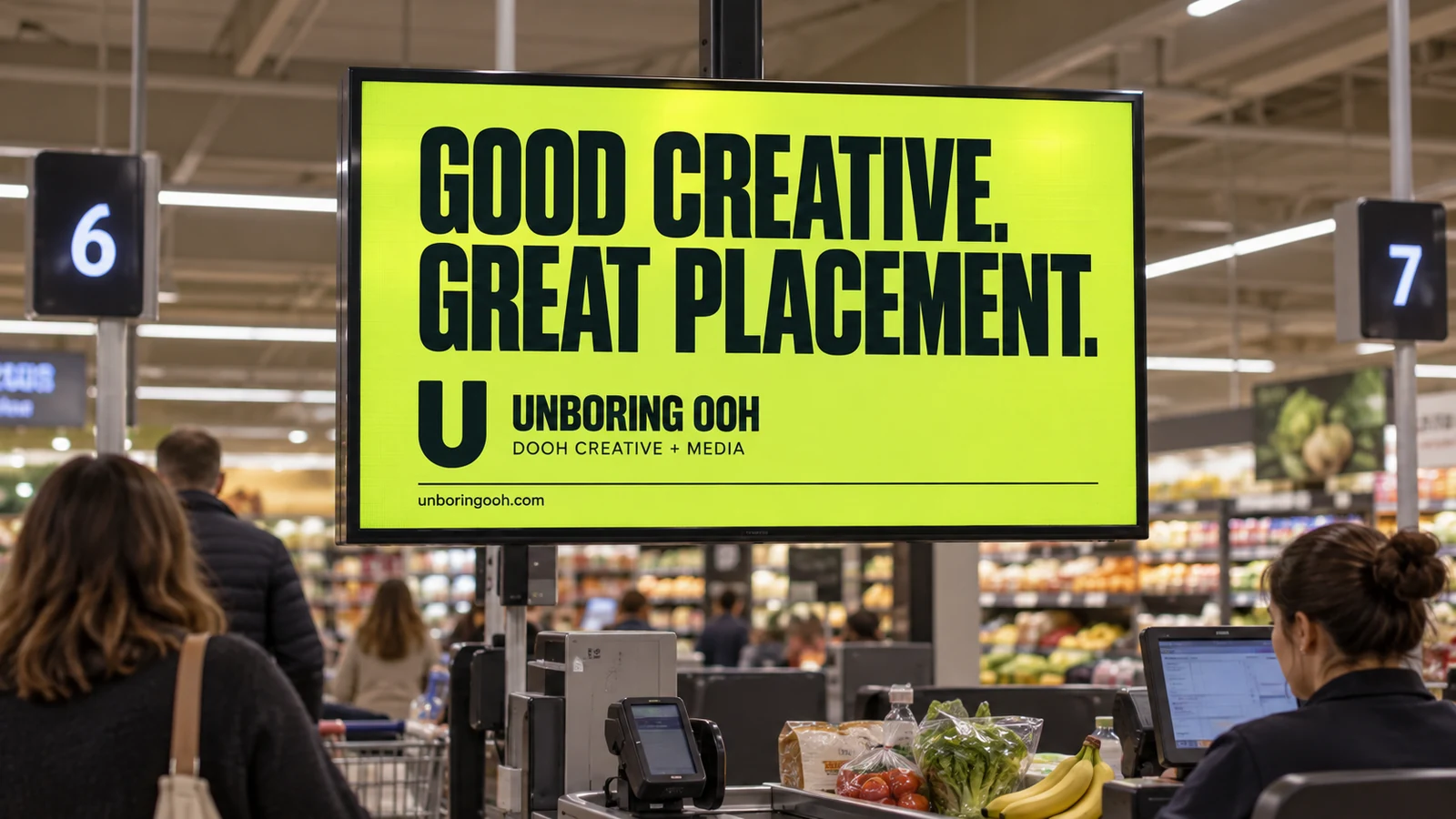Unboring OOH ad on grocery & convenience. The ad reads: GOOD CREATIVE. GREAT PLACEMENT.