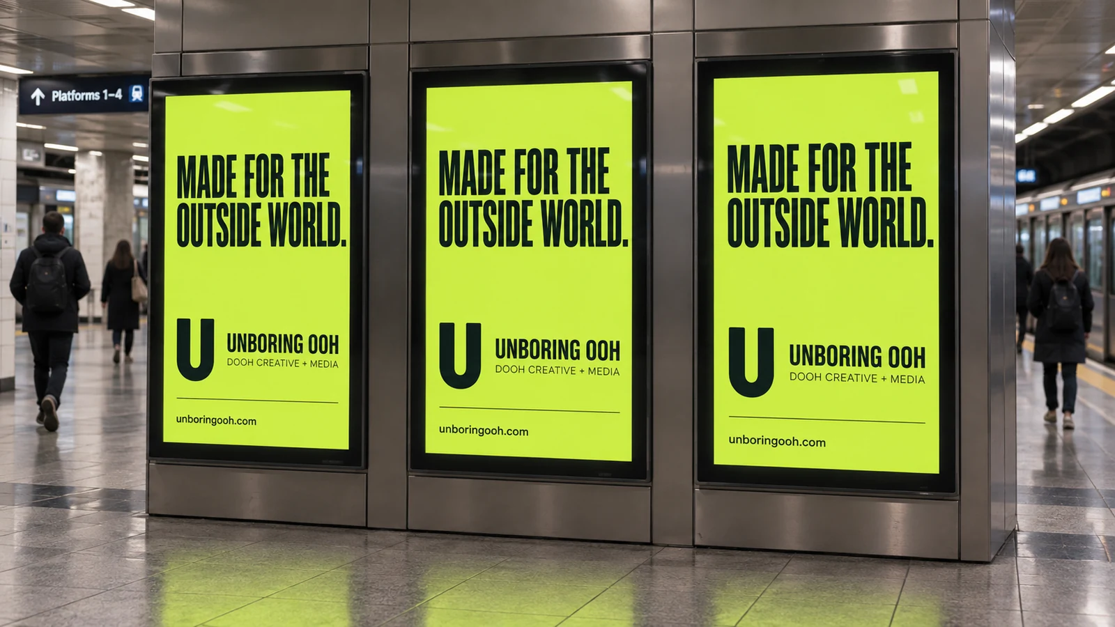 Unboring OOH ad on rail & transit stations. The ad reads: MADE FOR THE OUTSIDE WORLD.